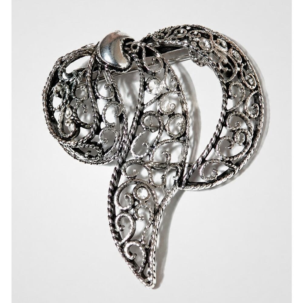 Vintage Brooch Pin 2.25" Large Ribbon Mid-Century Antiqued Silver-tone so-49‎